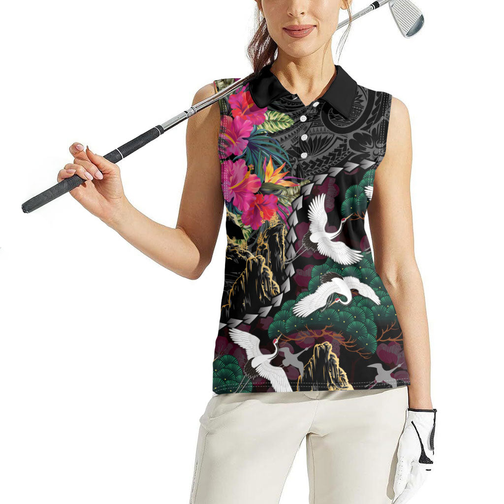 Hawaiian and Japanese Culture Women Sleeveless Polo Shirt Crane Sakura Hibiscus Tropical Vibes