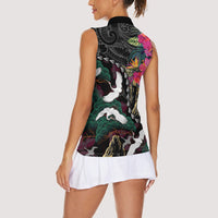 Hawaiian and Japanese Culture Women Sleeveless Polo Shirt Crane Sakura Hibiscus Tropical Vibes