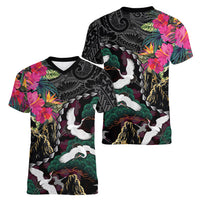 Hawaiian and Japanese Culture Women V-Neck T-Shirt Crane Sakura Hibiscus Tropical Vibes