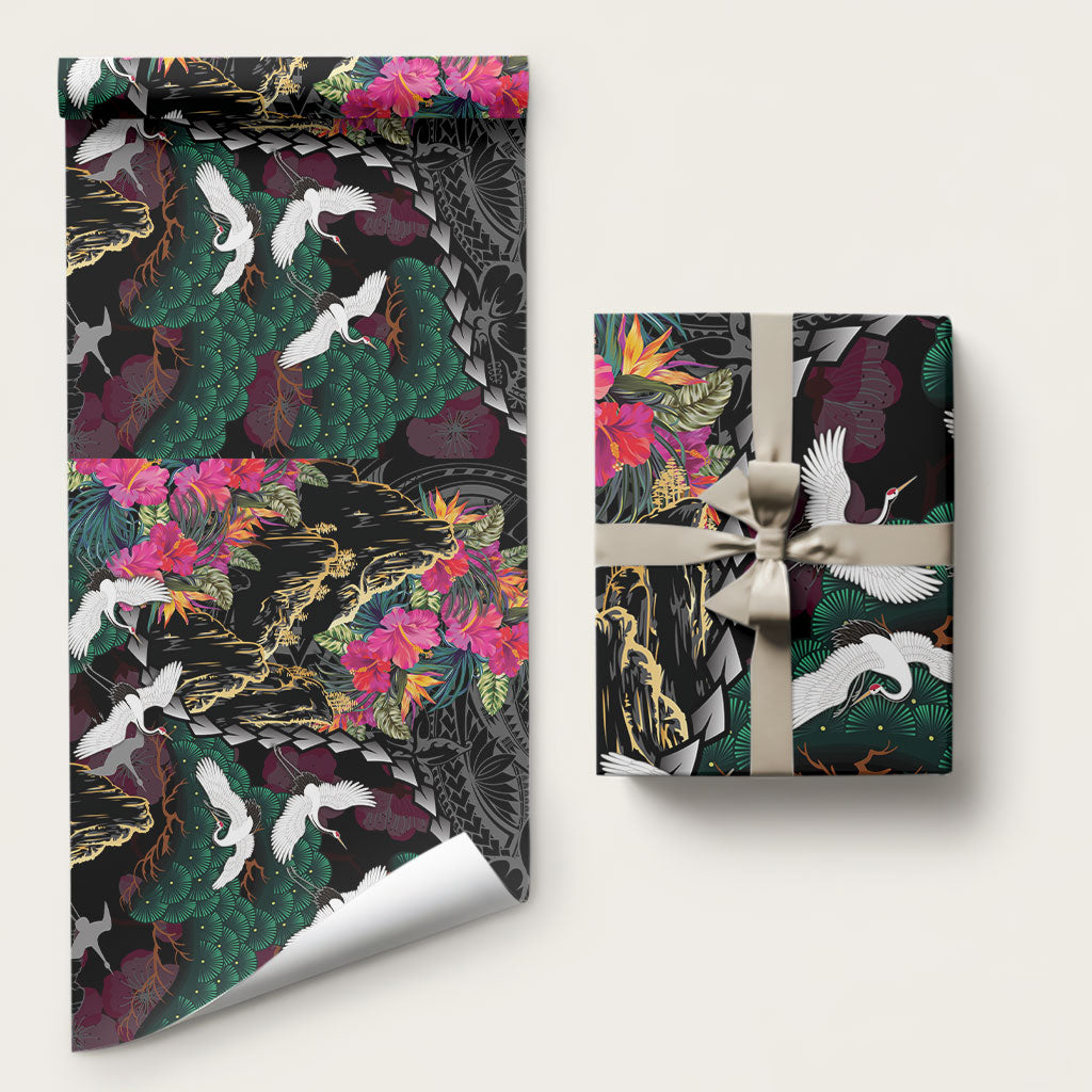 Hawaiian and Japanese Culture Wrapping Paper Crane Sakura Hibiscus Tropical Vibes