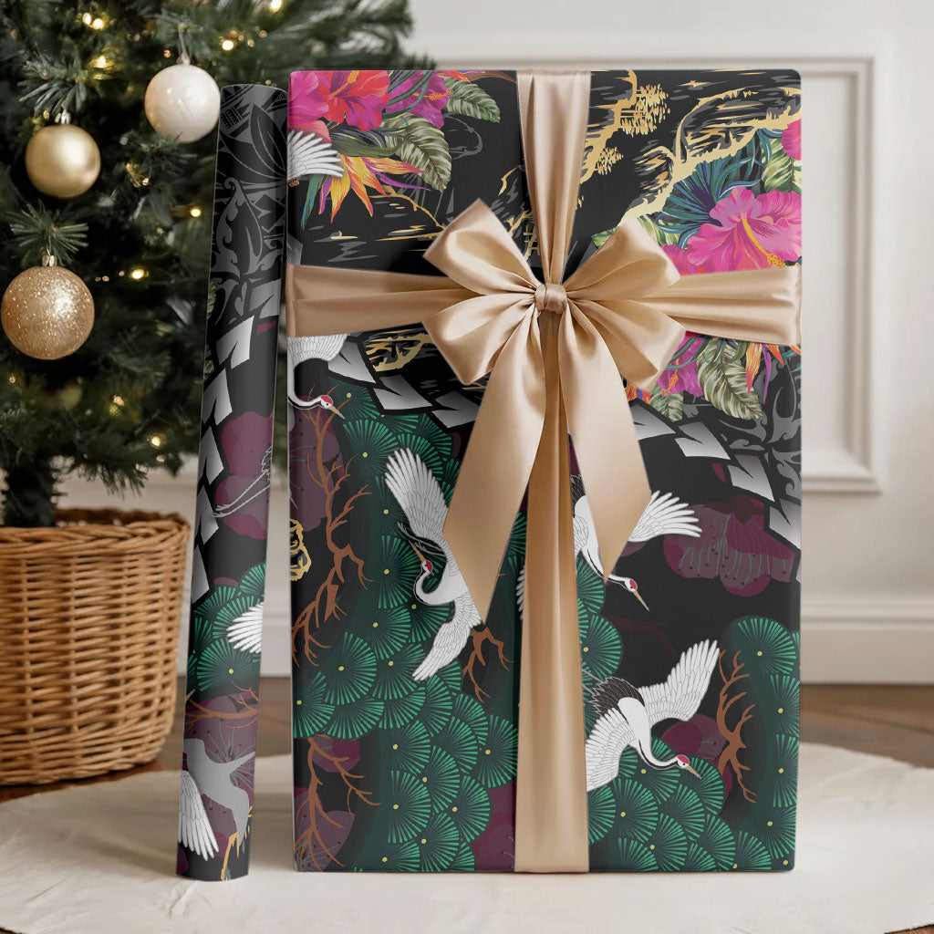 Hawaiian and Japanese Culture Wrapping Paper Crane Sakura Hibiscus Tropical Vibes