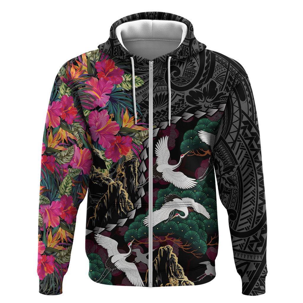 Hawaiian and Japanese Culture Zip Hoodie Crane Sakura Hibiscus Tropical Vibes