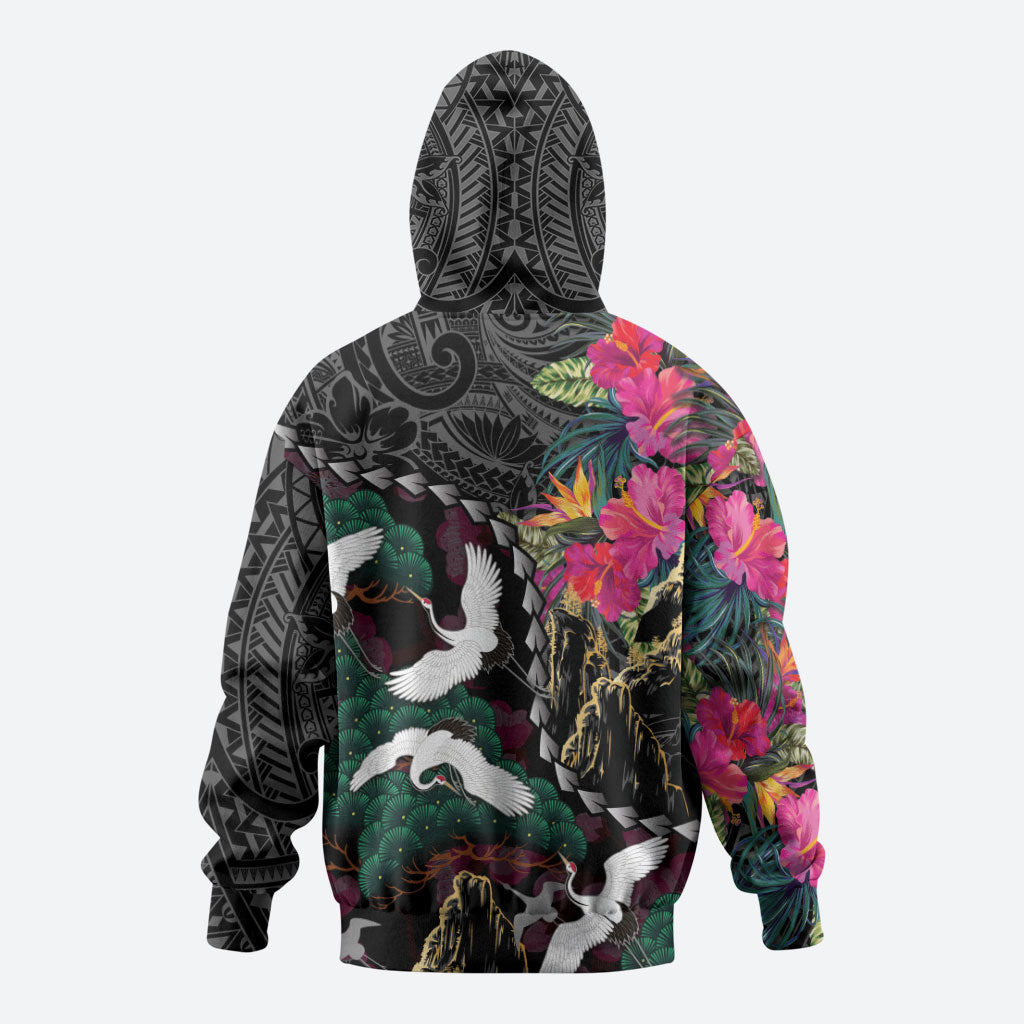 Hawaiian and Japanese Culture Zip Hoodie Crane Sakura Hibiscus Tropical Vibes
