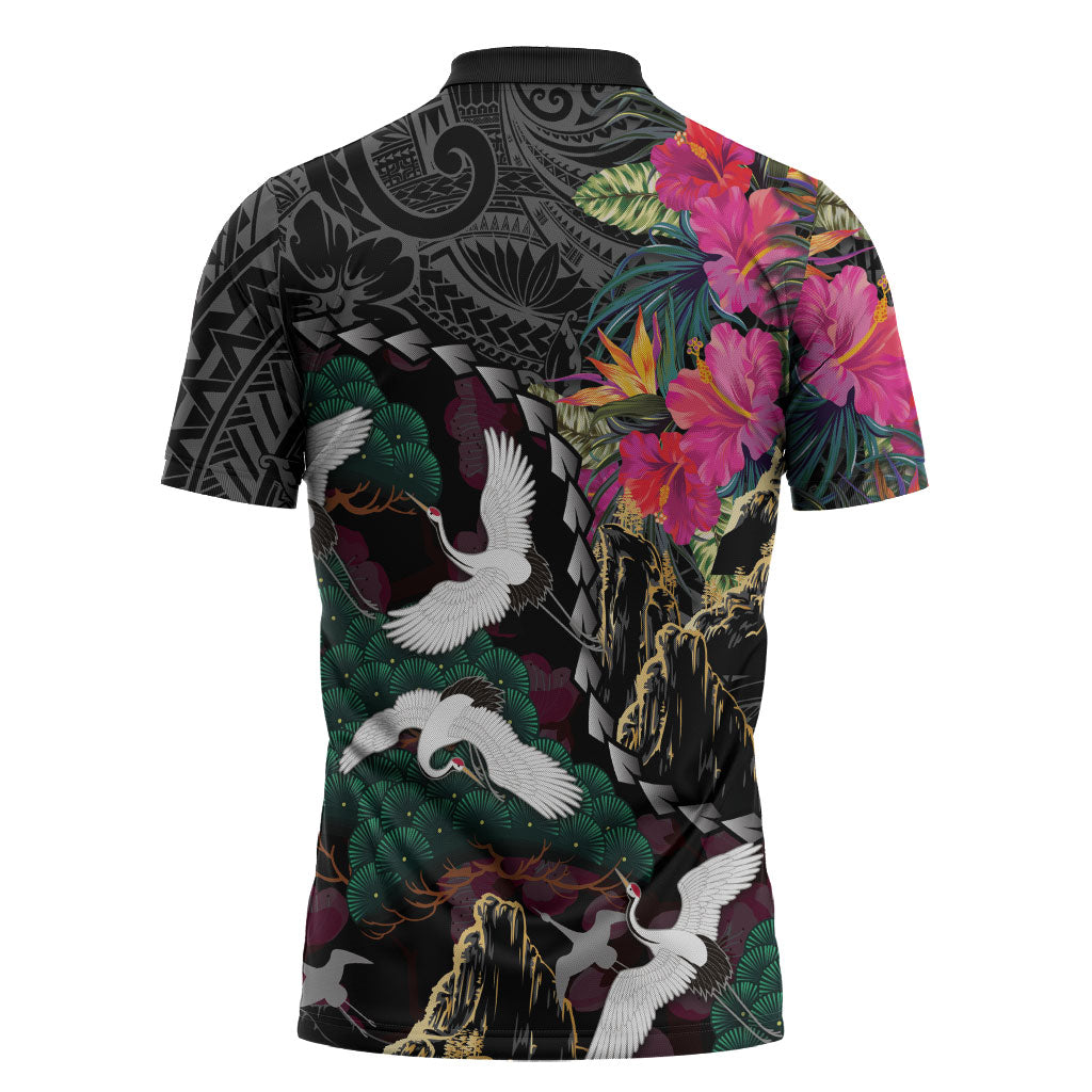 Hawaiian and Japanese Culture Zipper Polo Shirt Crane Sakura Hibiscus Tropical Vibes