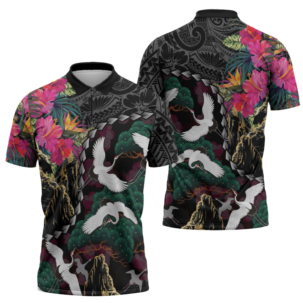 Hawaiian and Japanese Culture Zipper Polo Shirt Crane Sakura Hibiscus Tropical Vibes