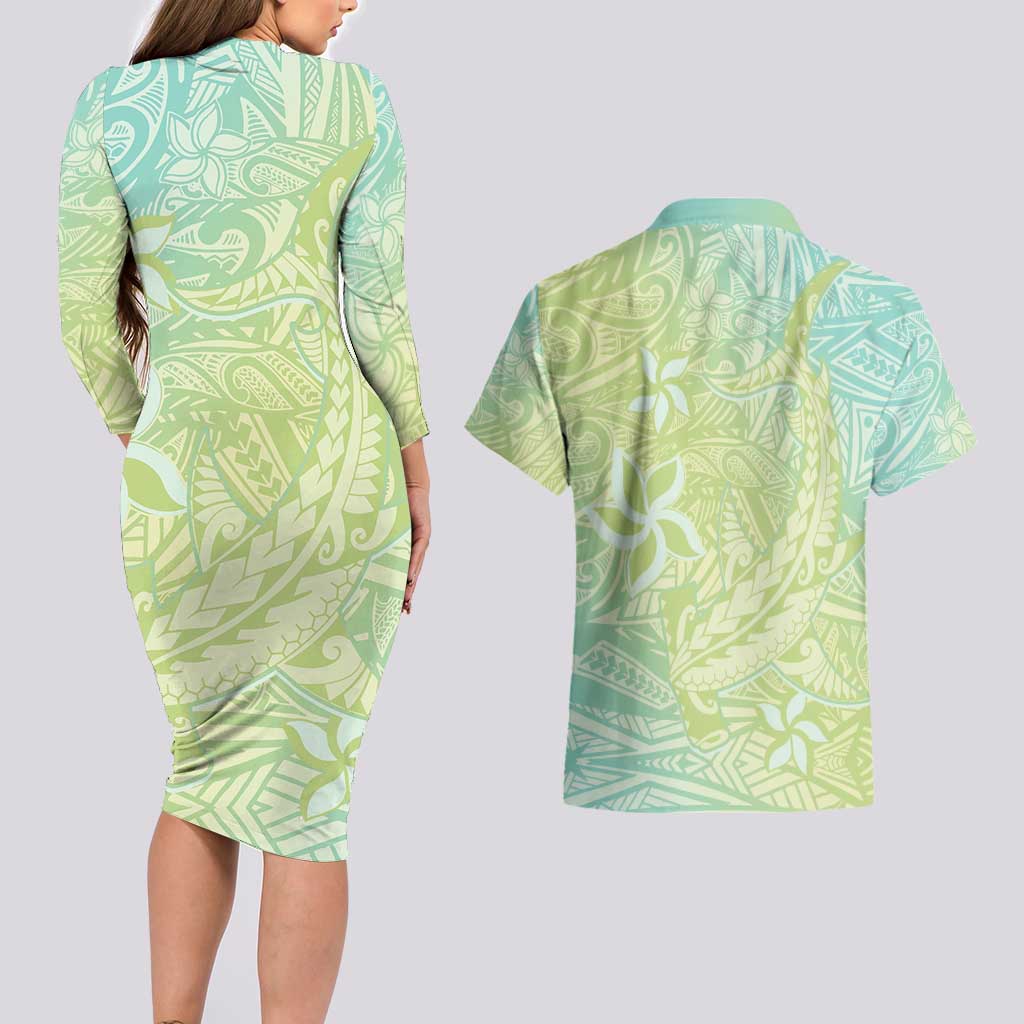 Baby Green Gradient Polynesia Couples Matching Long Sleeve Bodycon Dress and Hawaiian Shirt Hawaiian Tribal Hammerhead Shark Tattoo