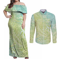 Baby Green Gradient Polynesia Couples Matching Off Shoulder Maxi Dress and Long Sleeve Button Shirt Hawaiian Tribal Hammerhead Shark Tattoo