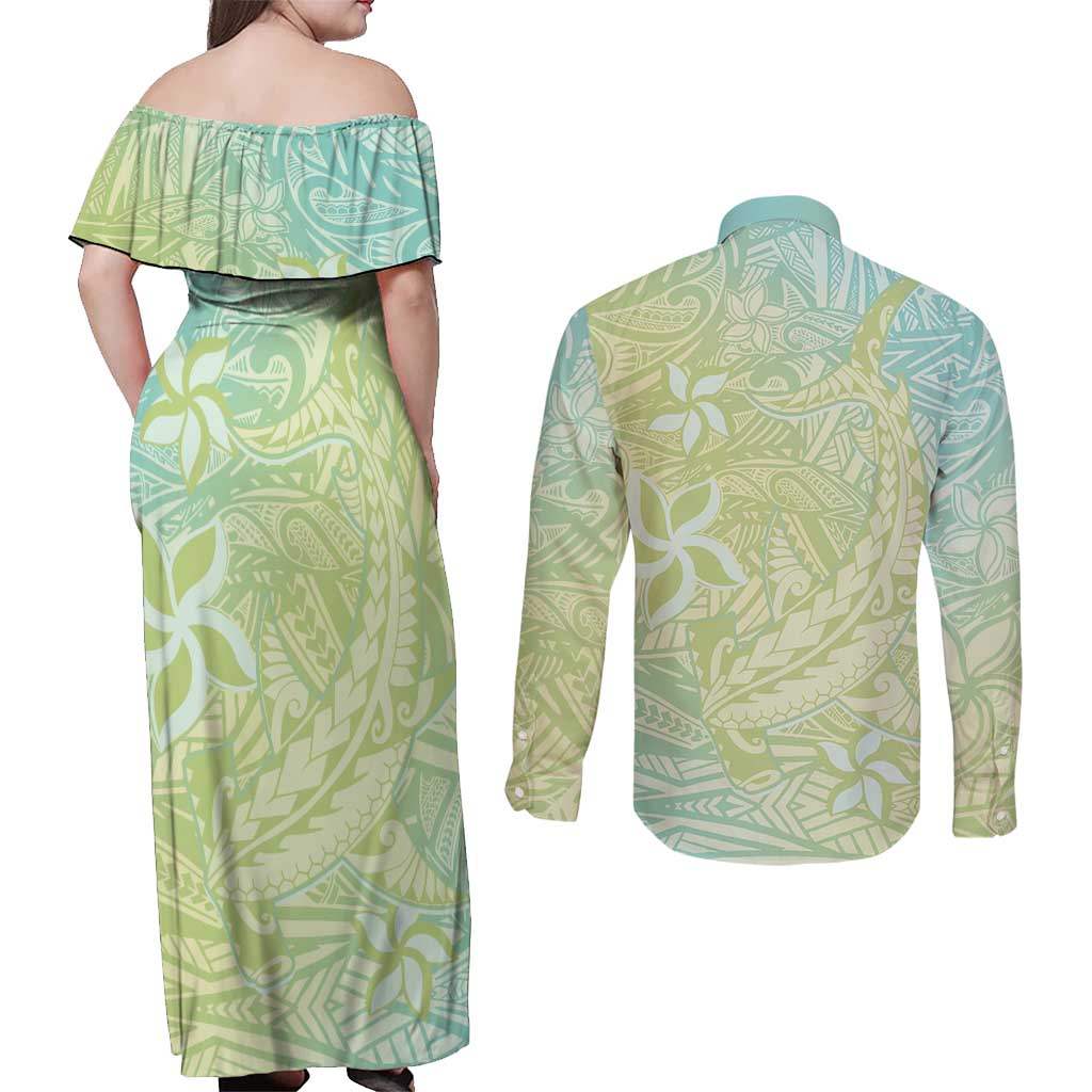 Baby Green Gradient Polynesia Couples Matching Off Shoulder Maxi Dress and Long Sleeve Button Shirt Hawaiian Tribal Hammerhead Shark Tattoo