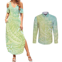 Baby Green Gradient Polynesia Couples Matching Summer Maxi Dress and Long Sleeve Button Shirt Hawaiian Tribal Hammerhead Shark Tattoo