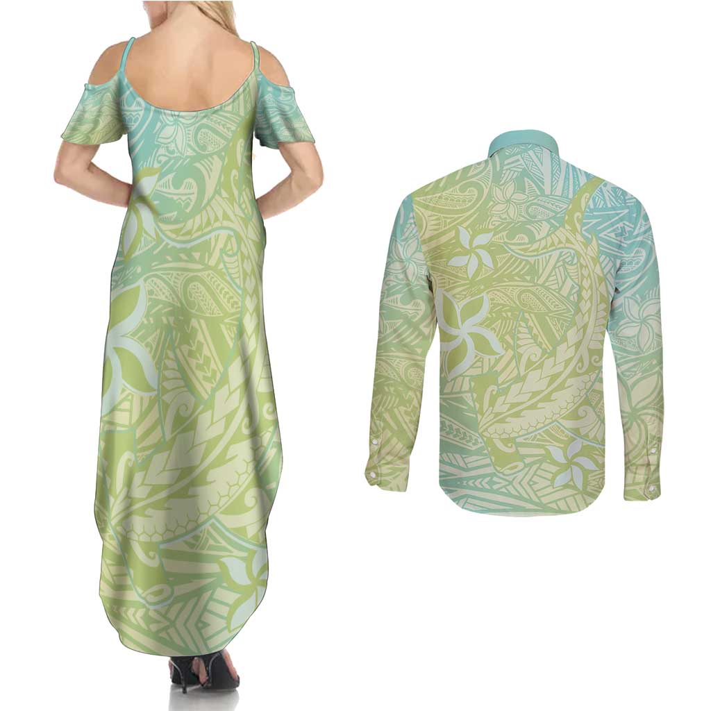 Baby Green Gradient Polynesia Couples Matching Summer Maxi Dress and Long Sleeve Button Shirt Hawaiian Tribal Hammerhead Shark Tattoo