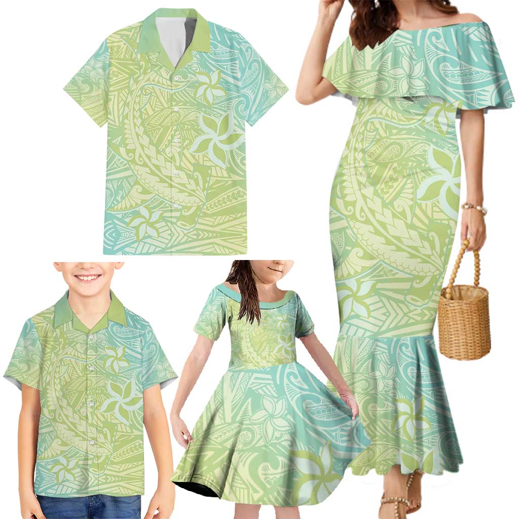 Baby Green Gradient Polynesia Family Matching Mermaid Dress and Hawaiian Shirt Hawaiian Tribal Hammerhead Shark Tattoo