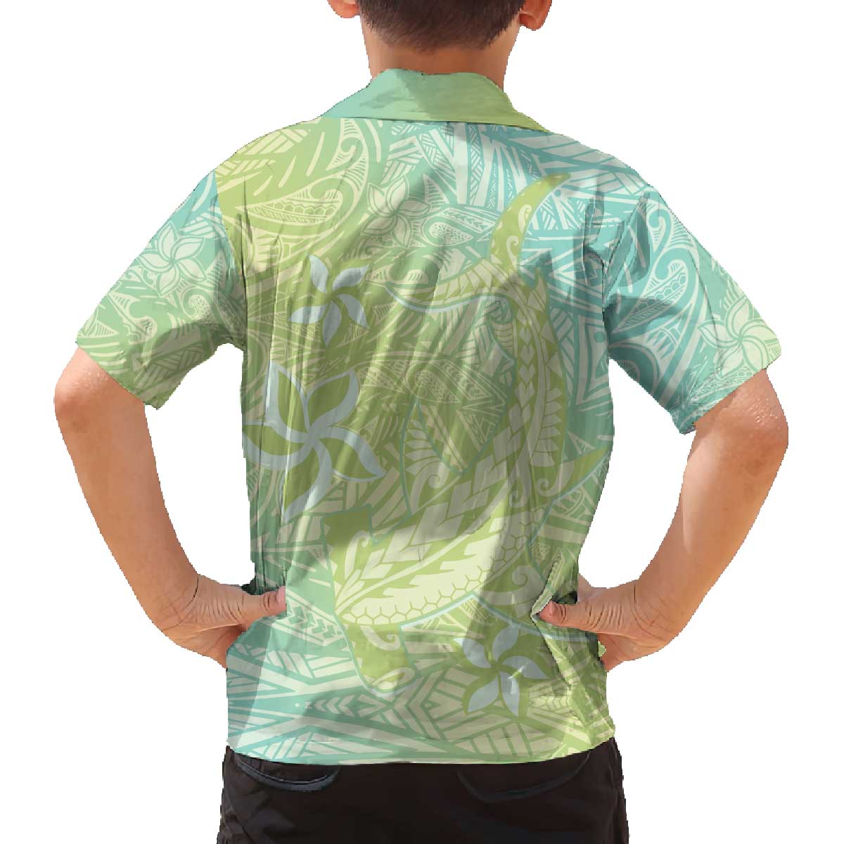 Baby Green Gradient Polynesia Family Matching Off Shoulder Short Dress and Hawaiian Shirt Hawaiian Tribal Hammerhead Shark Tattoo