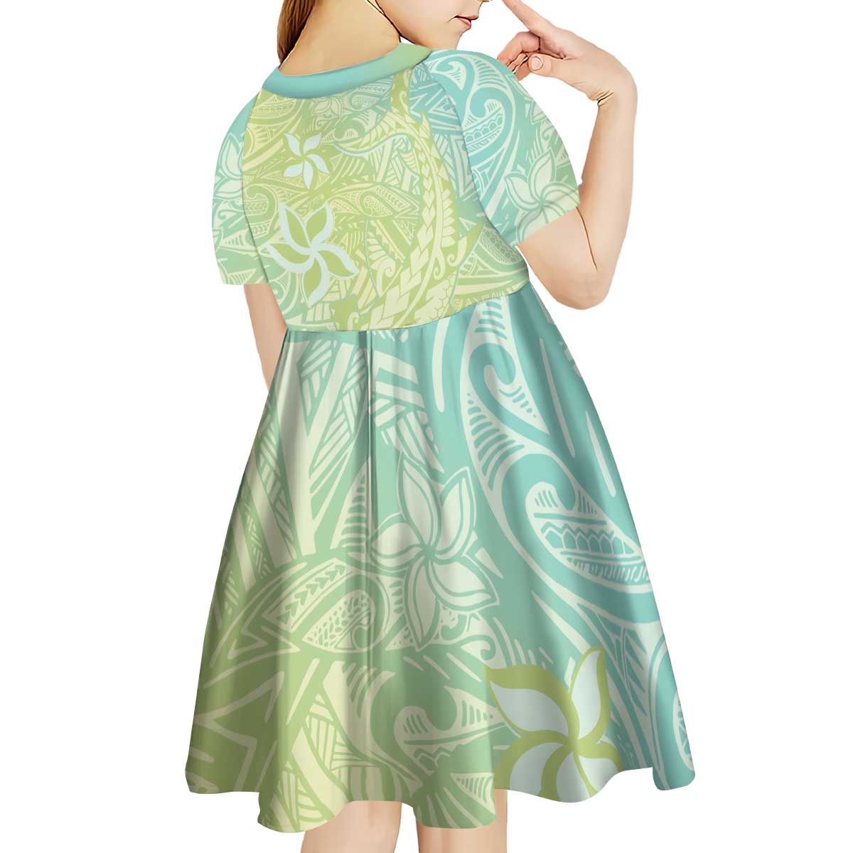 Baby Green Gradient Polynesia Kid Short Sleeve Dress Hawaiian Tribal Hammerhead Shark Tattoo