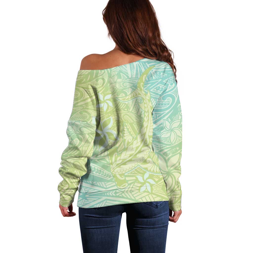 Baby Green Gradient Polynesia Off Shoulder Sweater Hawaiian Tribal Hammerhead Shark Tattoo LT14 - Polynesian Pride
