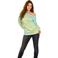 Baby Green Gradient Polynesia Off Shoulder Sweater Hawaiian Tribal Hammerhead Shark Tattoo LT14 - Polynesian Pride