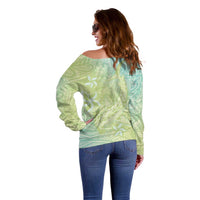 Baby Green Gradient Polynesia Off Shoulder Sweater Hawaiian Tribal Hammerhead Shark Tattoo LT14 - Polynesian Pride