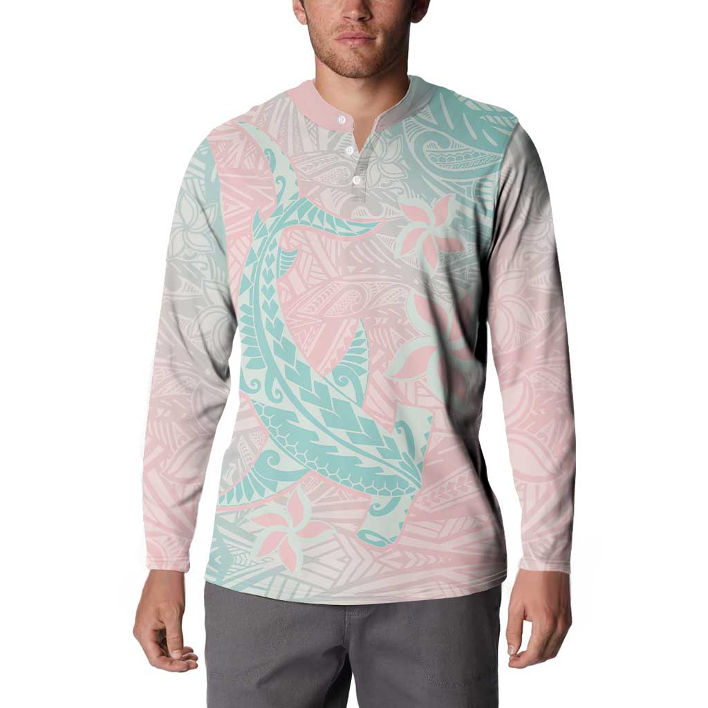 Baby Pink Gradient Polynesia Button Sweatshirt Hawaiian Tribal Hammerhead Shark Tattoo