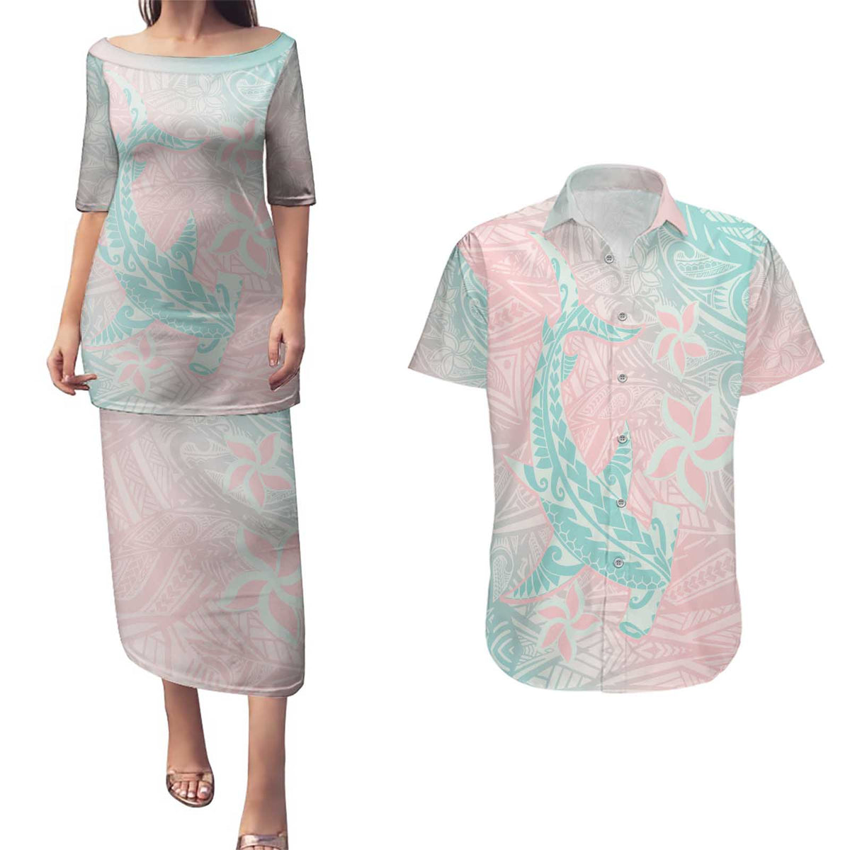 Baby Pink Gradient Polynesia Couples Matching Puletasi and Hawaiian Shirt Hawaiian Tribal Hammerhead Shark Tattoo