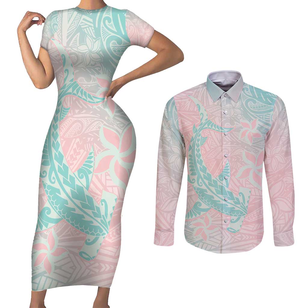 Baby Pink Gradient Polynesia Couples Matching Short Sleeve Bodycon Dress and Long Sleeve Button Shirt Hawaiian Tribal Hammerhead Shark Tattoo