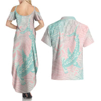 Baby Pink Gradient Polynesia Couples Matching Summer Maxi Dress and Hawaiian Shirt Hawaiian Tribal Hammerhead Shark Tattoo
