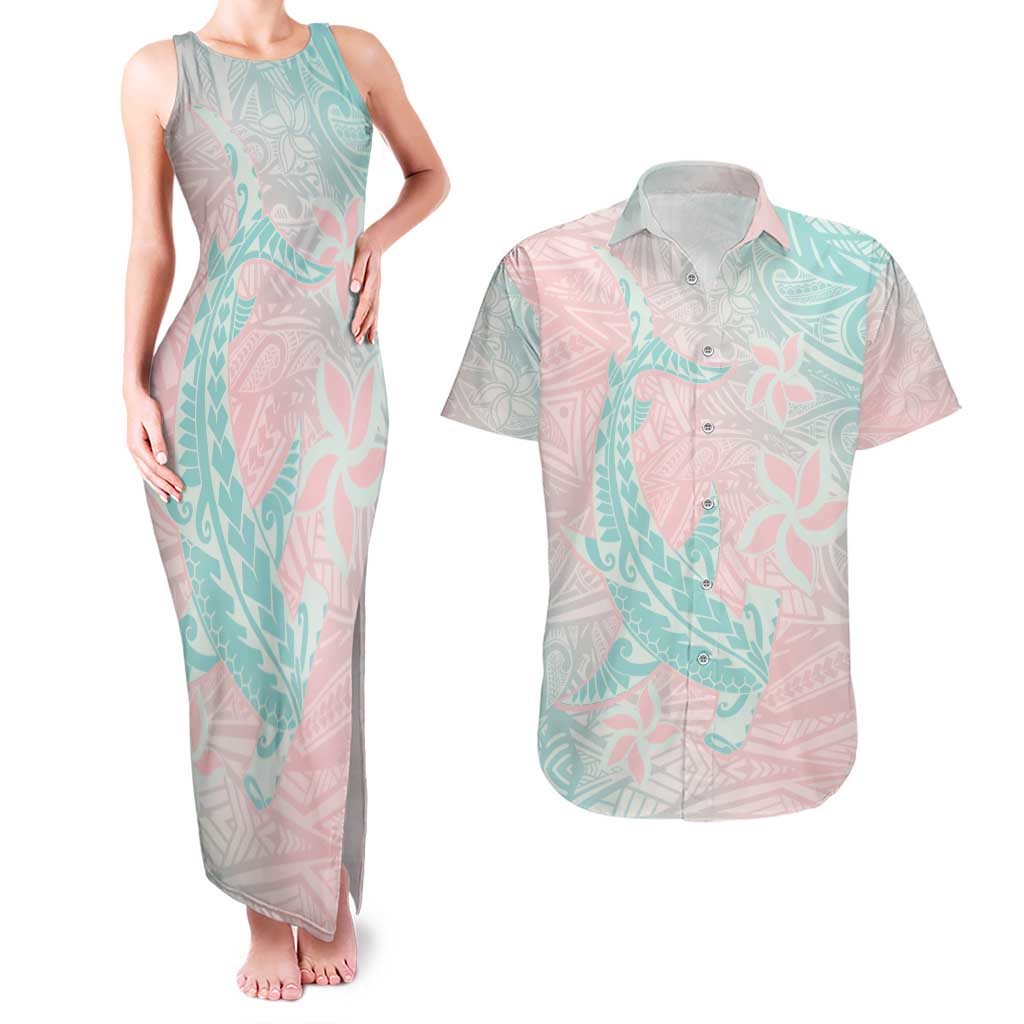 Baby Pink Gradient Polynesia Couples Matching Tank Maxi Dress and Hawaiian Shirt Hawaiian Tribal Hammerhead Shark Tattoo