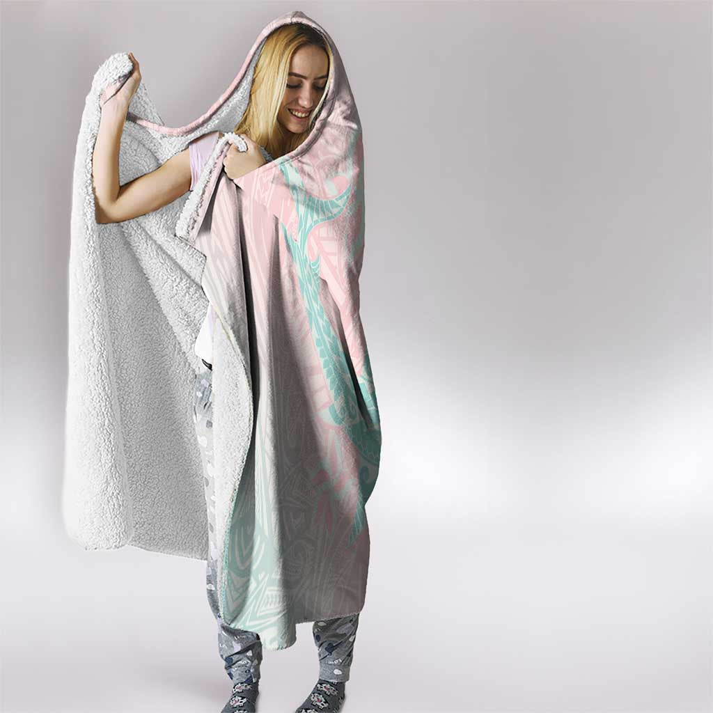 Baby Pink Gradient Polynesia Hooded Blanket Hawaiian Tribal Hammerhead Shark Tattoo