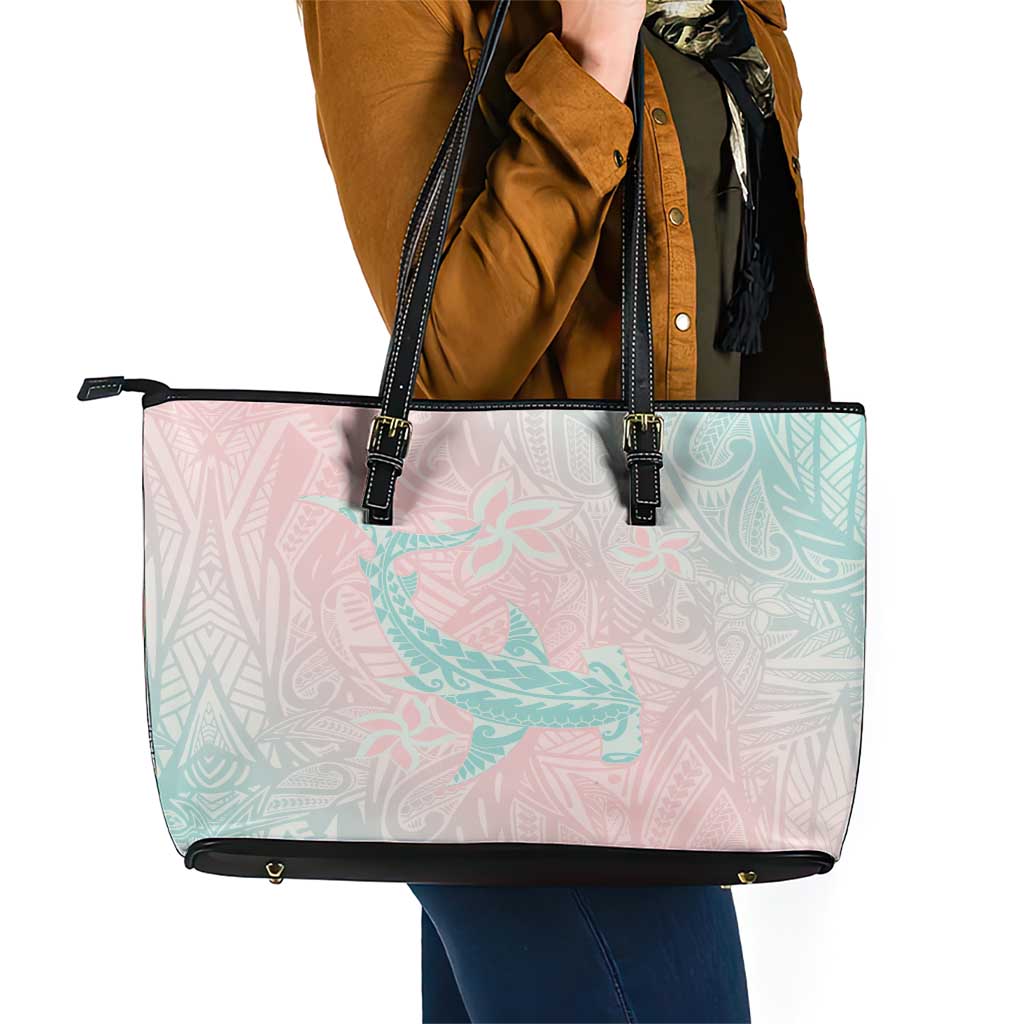 Baby Pink Gradient Polynesia Leather Tote Bag Hawaiian Tribal Hammerhead Shark Tattoo