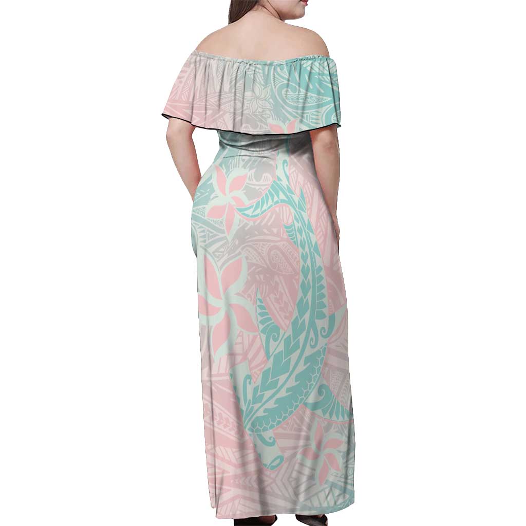 Baby Pink Gradient Polynesia Off Shoulder Maxi Dress Hawaiian Tribal Hammerhead Shark Tattoo