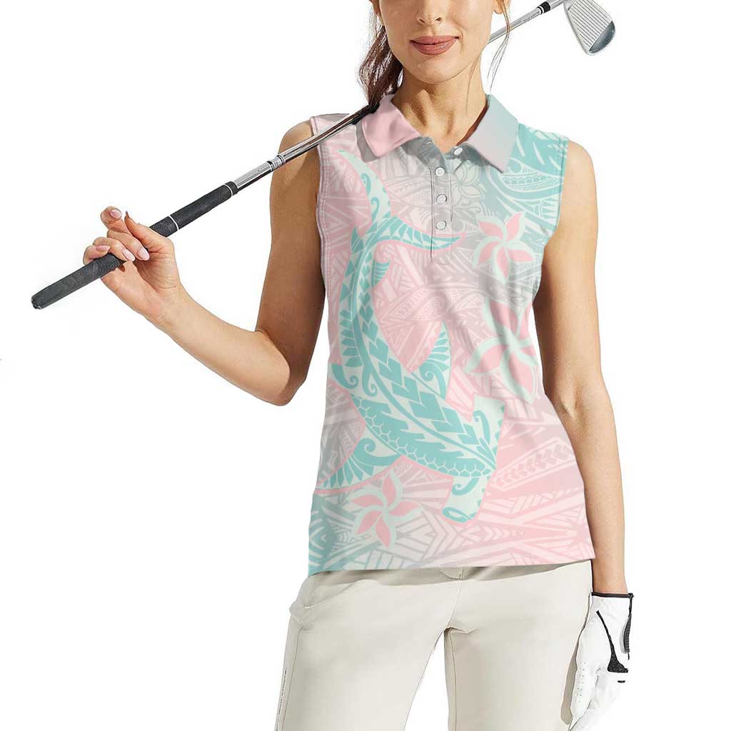 Baby Pink Gradient Polynesia Women Sleeveless Polo Shirt Hawaiian Tribal Hammerhead Shark Tattoo