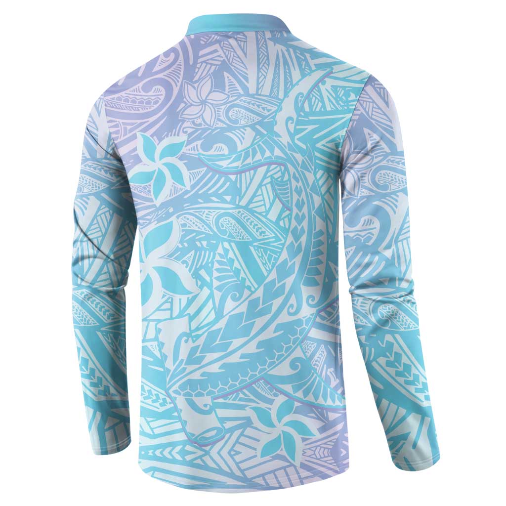 Baby Blue Gradient Polynesia Button Sweatshirt Hawaiian Tribal Hammerhead Shark Tattoo