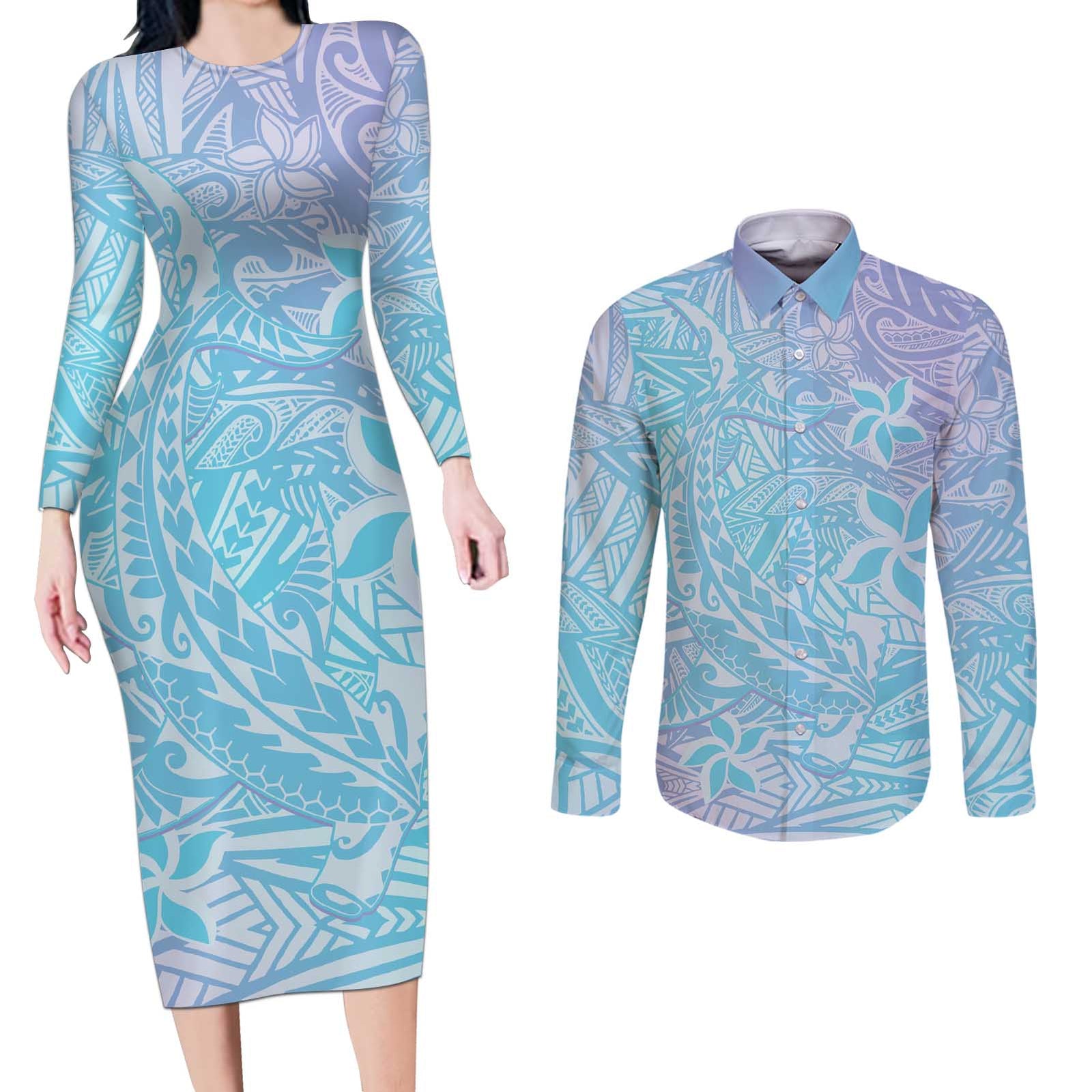 Baby Blue Gradient Polynesia Couples Matching Long Sleeve Bodycon Dress and Long Sleeve Button Shirt Hawaiian Tribal Hammerhead Shark Tattoo