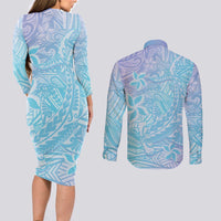 Baby Blue Gradient Polynesia Couples Matching Long Sleeve Bodycon Dress and Long Sleeve Button Shirt Hawaiian Tribal Hammerhead Shark Tattoo