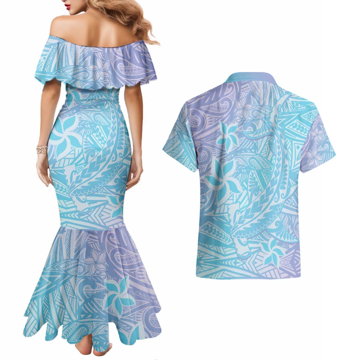 Baby Blue Gradient Polynesia Couples Matching Mermaid Dress and Hawaiian Shirt Hawaiian Tribal Hammerhead Shark Tattoo
