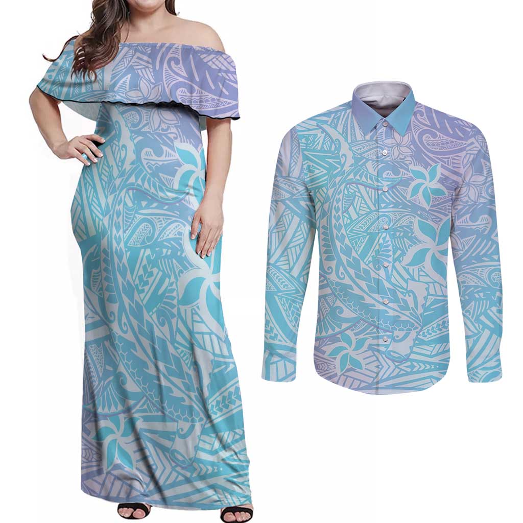 Baby Blue Gradient Polynesia Couples Matching Off Shoulder Maxi Dress and Long Sleeve Button Shirt Hawaiian Tribal Hammerhead Shark Tattoo