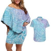 Baby Blue Gradient Polynesia Couples Matching Off Shoulder Short Dress and Hawaiian Shirt Hawaiian Tribal Hammerhead Shark Tattoo