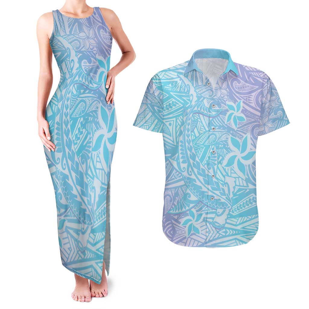 Baby Blue Gradient Polynesia Couples Matching Tank Maxi Dress and Hawaiian Shirt Hawaiian Tribal Hammerhead Shark Tattoo
