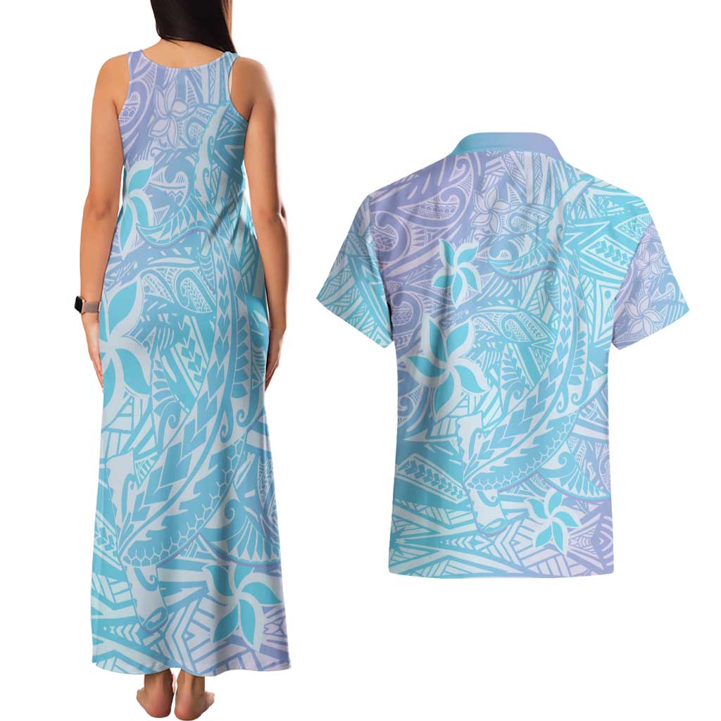 Baby Blue Gradient Polynesia Couples Matching Tank Maxi Dress and Hawaiian Shirt Hawaiian Tribal Hammerhead Shark Tattoo