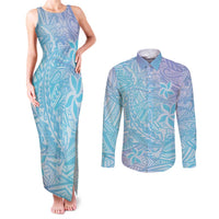 Baby Blue Gradient Polynesia Couples Matching Tank Maxi Dress and Long Sleeve Button Shirt Hawaiian Tribal Hammerhead Shark Tattoo