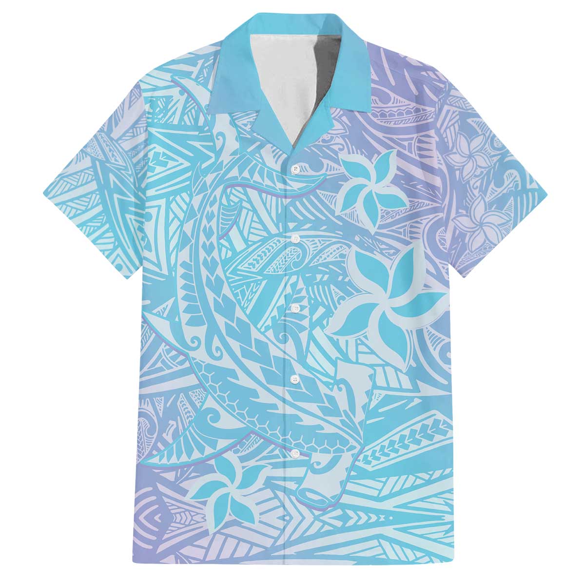 Baby Blue Gradient Polynesia Family Matching Off Shoulder Short Dress and Hawaiian Shirt Hawaiian Tribal Hammerhead Shark Tattoo