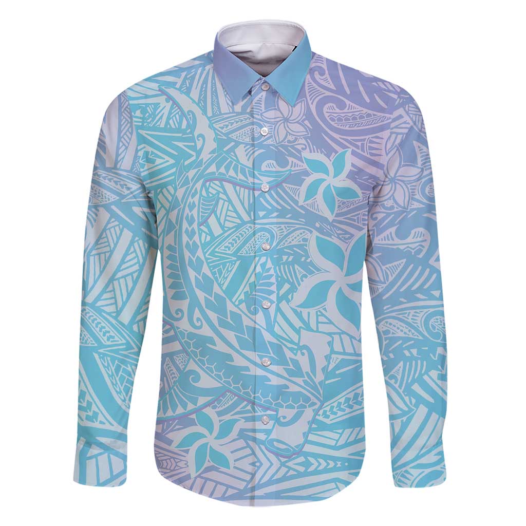 Baby Blue Gradient Polynesia Family Matching Tank Maxi Dress and Hawaiian Shirt Hawaiian Tribal Hammerhead Shark Tattoo