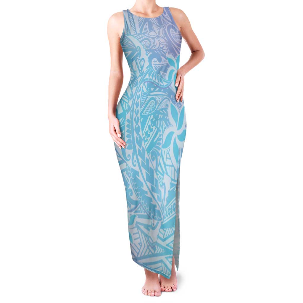 Baby Blue Gradient Polynesia Family Matching Tank Maxi Dress and Hawaiian Shirt Hawaiian Tribal Hammerhead Shark Tattoo
