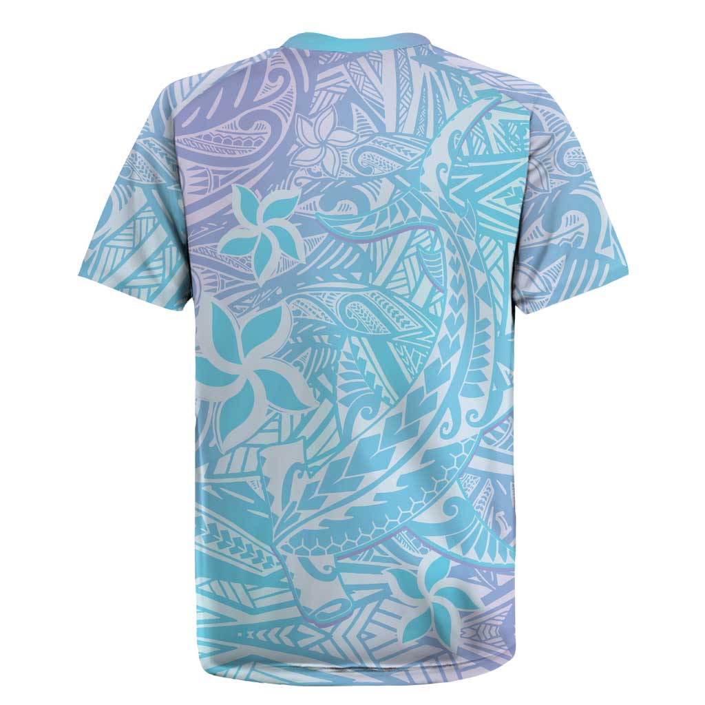 Baby Blue Gradient Polynesia Rugby Jersey Hawaiian Tribal Hammerhead Shark Tattoo