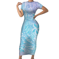Baby Blue Gradient Polynesia Short Sleeve Bodycon Dress Hawaiian Tribal Hammerhead Shark Tattoo