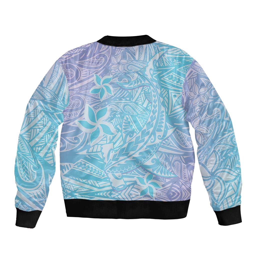 Baby Blue Gradient Polynesia Sleeve Zip Bomber Jacket Hawaiian Tribal Hammerhead Shark Tattoo