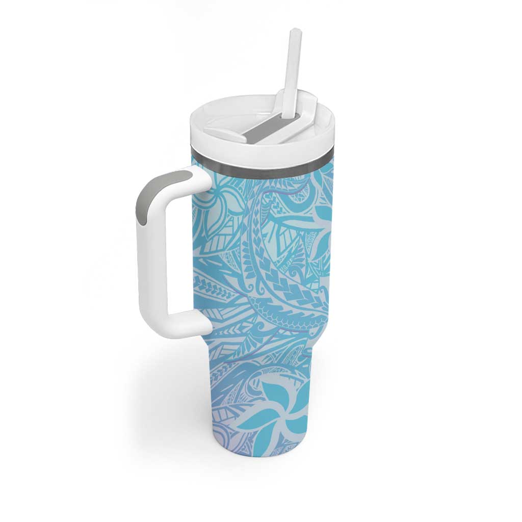 Baby Blue Gradient Polynesia Tumbler With Handle Hawaiian Tribal Hammerhead Shark Tattoo