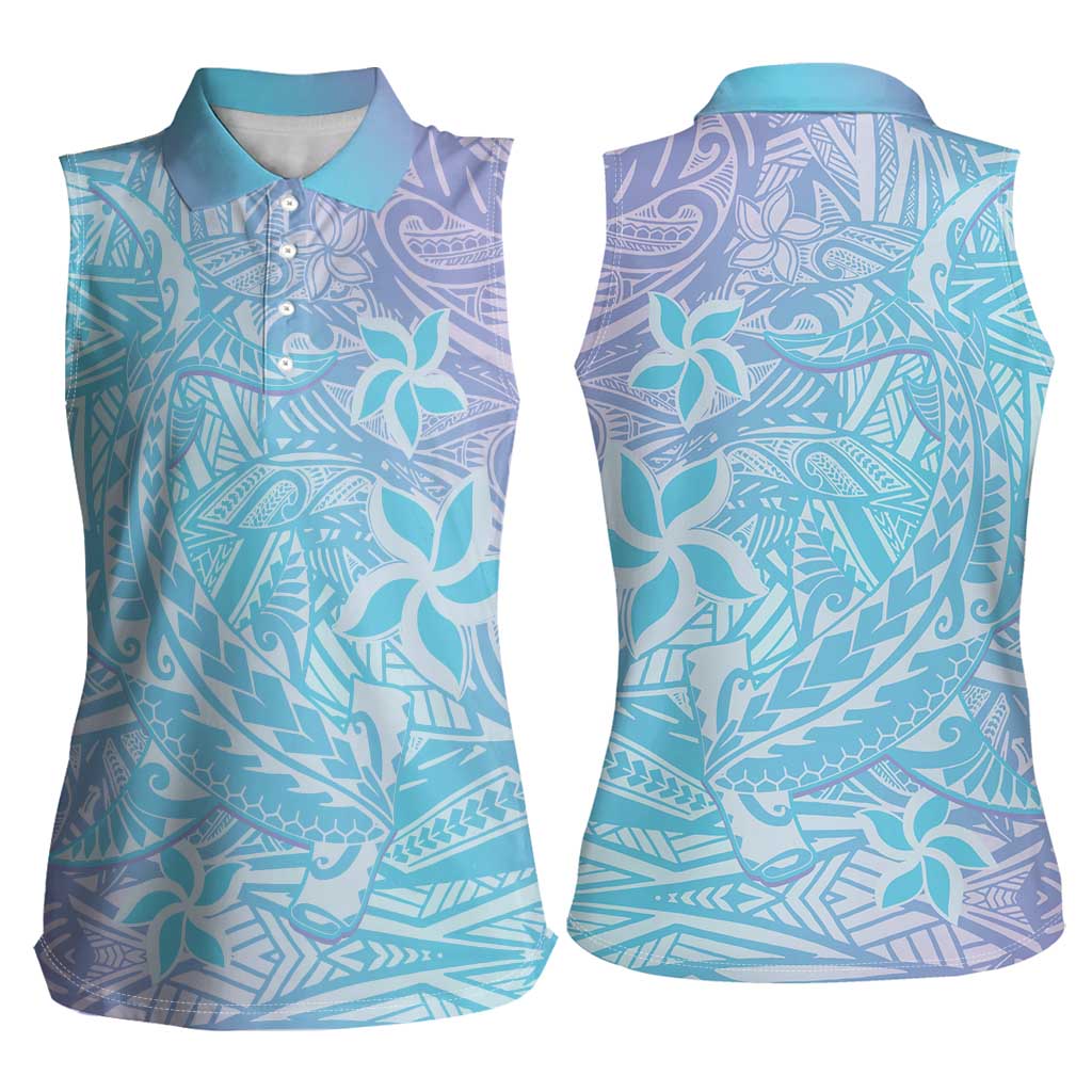 Baby Blue Gradient Polynesia Women Sleeveless Polo Shirt Hawaiian Tribal Hammerhead Shark Tattoo LT14 - Polynesian Pride