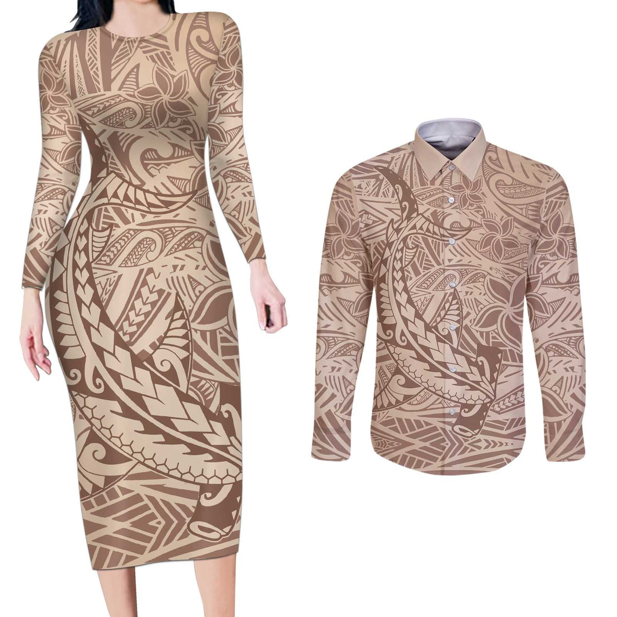 Pink Gradient Polynesia Couples Matching Long Sleeve Bodycon Dress and Long Sleeve Button Shirt Hawaiian Tribal Hammerhead Shark Tattoo