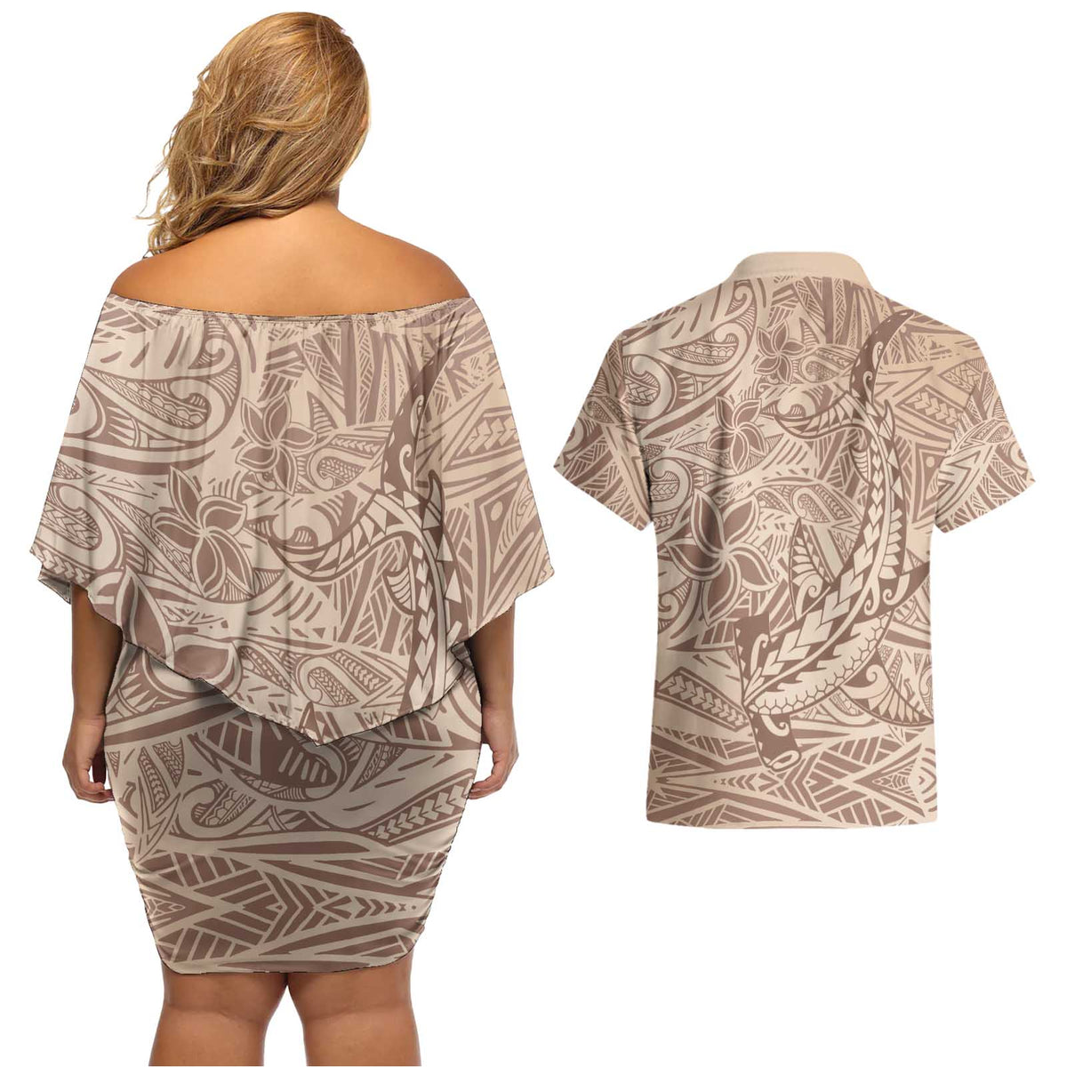 Pink Gradient Polynesia Couples Matching Off Shoulder Short Dress and Hawaiian Shirt Hawaiian Tribal Hammerhead Shark Tattoo