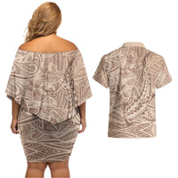 Pink Gradient Polynesia Couples Matching Off Shoulder Short Dress and Hawaiian Shirt Hawaiian Tribal Hammerhead Shark Tattoo