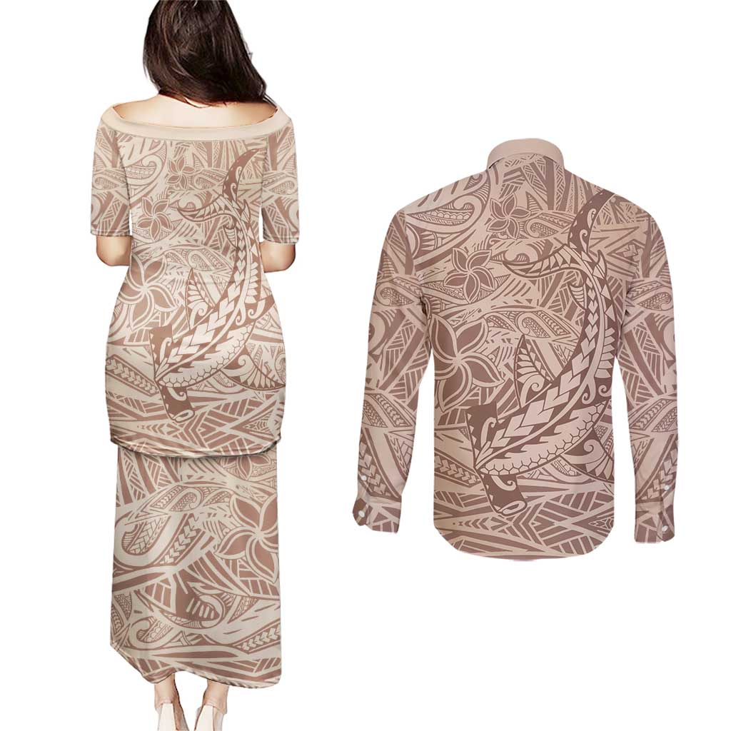 Pink Gradient Polynesia Couples Matching Puletasi and Long Sleeve Button Shirt Hawaiian Tribal Hammerhead Shark Tattoo